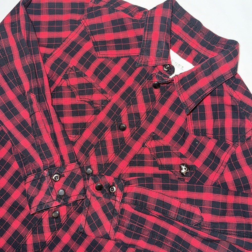 Diesel Kids Shirt Size 6 Red Black Plaid Western Pearl Snap Skull Detail Cotton